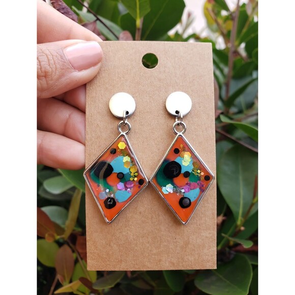 Diamond Shaped Abstract Colored Handmade Silver Earrings - Tones Verdes Jewelry - Picture 1 of 4